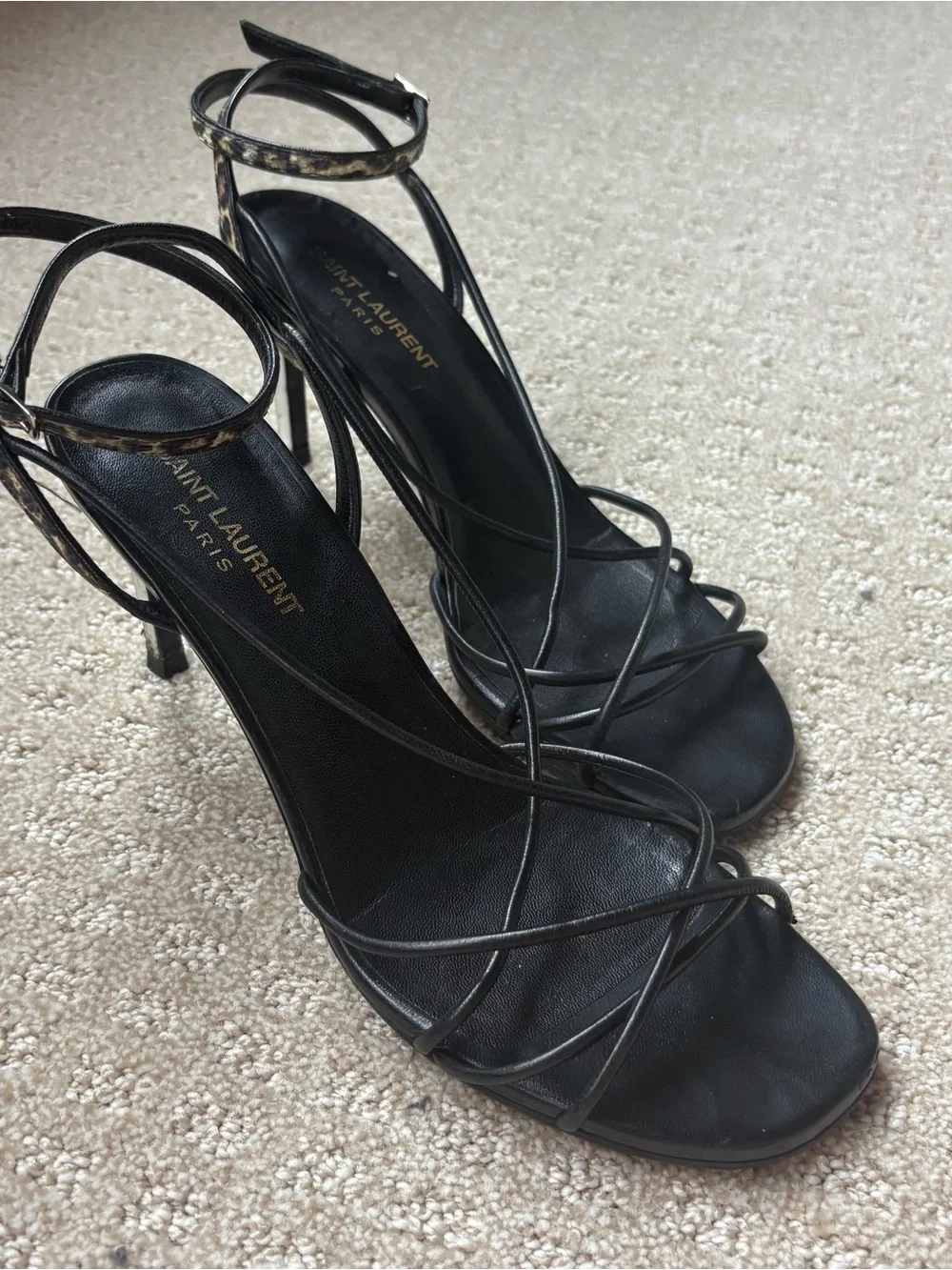 Saint Laurent Black Strappy Heeled Sandals with Leopard Accent Size 39